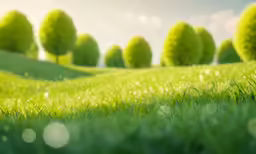 green grass in an open area with small trees