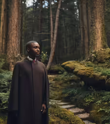 a man wearing a coat in the woods