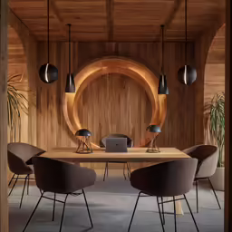 a dining room with wood wallpaper and furniture