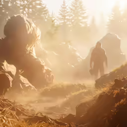 a lone hiker walks through a foggy trail in a wilderness