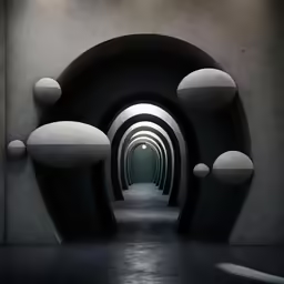 a tunnel with arches and balls going down it