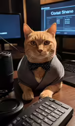 a cat wearing a suit and tie sitting on a desk