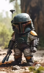 a boba fett is walking in the dirt with a rifle