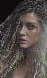 a beautiful woman is covered in water while she looks off to the side