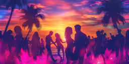 some people standing near a beach with pink water,a computer generated photograph of people at the beach