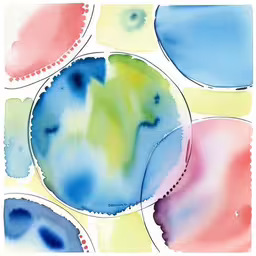 a blue and pink painting of different shapes
