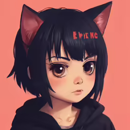 anime girl with cat ears and hoodie on her head
