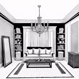 a sketched picture of a formal living room with furniture and hanging lights