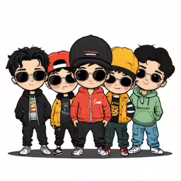 three boys standing in a line wearing sunglasses