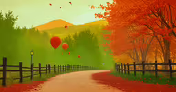 a painting of trees, street and a fence,the red balloons are going towards the green field