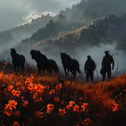 some horses on a hillside with the sun in the sky