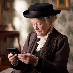 an old woman sitting down while looking at her cell phone,a woman sitting down looking at a cellphone