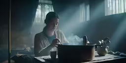 the woman cooks while sun shines through a window