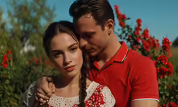 a man and a woman are embracing next to red flowers
