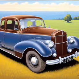 a painting of an old blue car in a field,a painting of a vintage blue car in a field