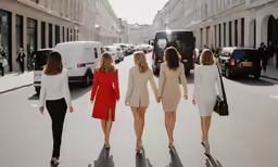 three women in white dresses are walking down a street