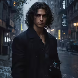 man in black jacket with a gun on rainy street