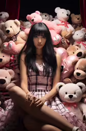 a woman sitting in front of a large pile of stuffed teddy bears,a woman posing in front of a pile of teddy bears