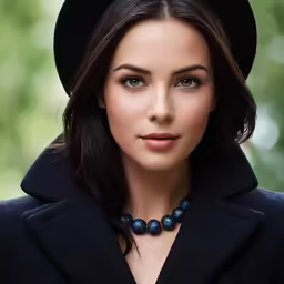 a beautiful lady wearing a hat and a blue necklace
