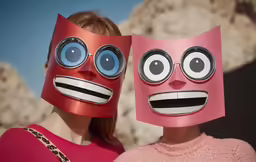 two women wearing masks with eyes and mouth to look at something