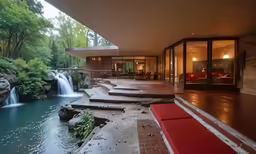 modern house with indoor waterfall features built into the ground