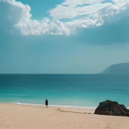 a man stands on the beach looking out to sea
