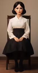 the fake doll, wearing black and white attire, sits in a chair