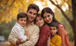 a family posing for a photo in front of a tree
