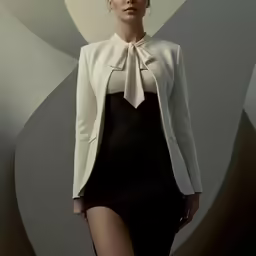 a woman in a white coat and black dress is posing for the camera