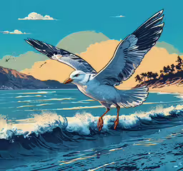 a bird is standing on the beach next to the ocean,a bird flying over a body of water with mountains in the background