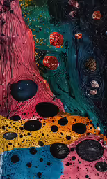 four different colors of liquid paint with water drops