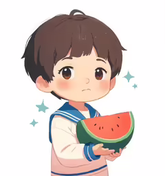a boy holds a piece of watermelon that he has just dug out