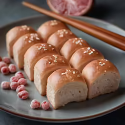 several sliced pink grapefruit lollipops on a white plate