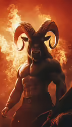 a male with a horned head standing next to fire