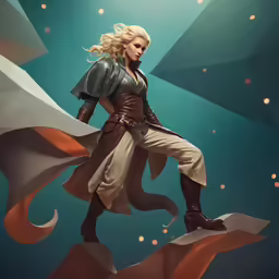 a lady in a space suit, holding a gun and posing on a rock
