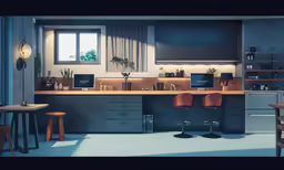 a kitchen with a sink and stools and lights