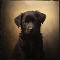 a black dog poses for a portrait on brown