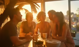 three women and one man sitting at a table having drinks