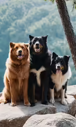three dogs sit on a ledge overlooking some mountains