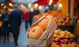 bag full of fruit sitting on top of a wooden stand