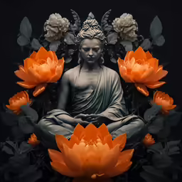 a buddha statue surrounded by flowers and plants