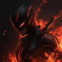 a man in armor is standing near fire