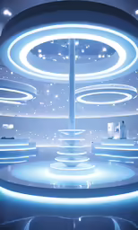 a stage set with a circular shaped structure in the background