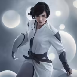 a woman in white is posing for the camera