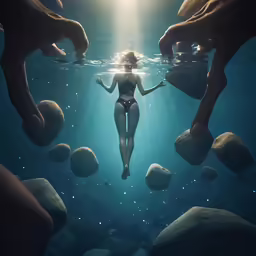 a woman in a bikini swimming next to several hands