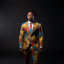 a man with dreadlocks in a colorful suit,a man in a multi - colored suit poses for a picture