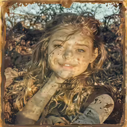 a young girl smiles as she looks out of frame
