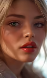 the young blond girl with blue eyes is posing for the camera