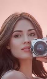 a beautiful woman is holding an old camera