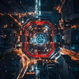 an overhead shot of a city with street lights